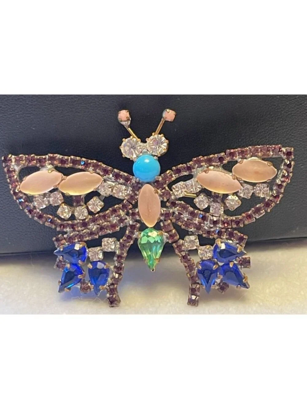 Vtg Czech Glass Butterfly Brooch With Rare Colored Glass Stones & Intricate Desi